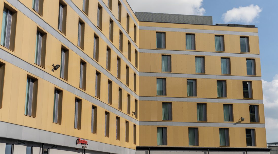 Victoria Point New Hotel, Ashford (UK) facade, cladding with backing structure (CWB), Bowman Riley London